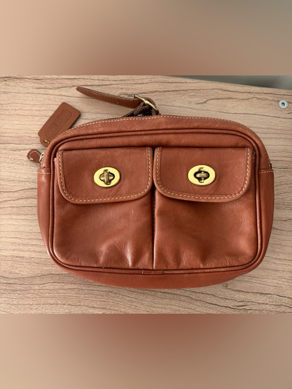 Coach British Tan RARE #0516 Pocket Belt Bag Brass Turn lock